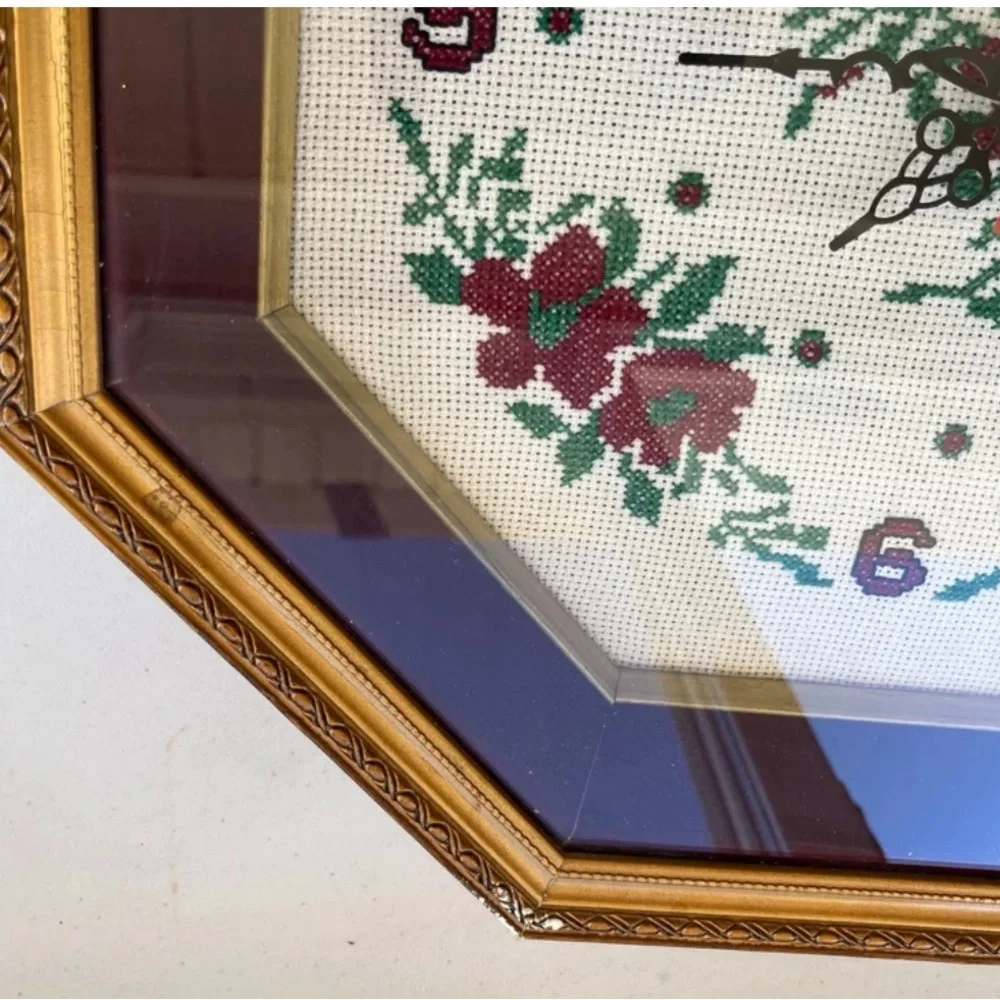 Clock Handmade Vintage Framed Floral embroidery Clock